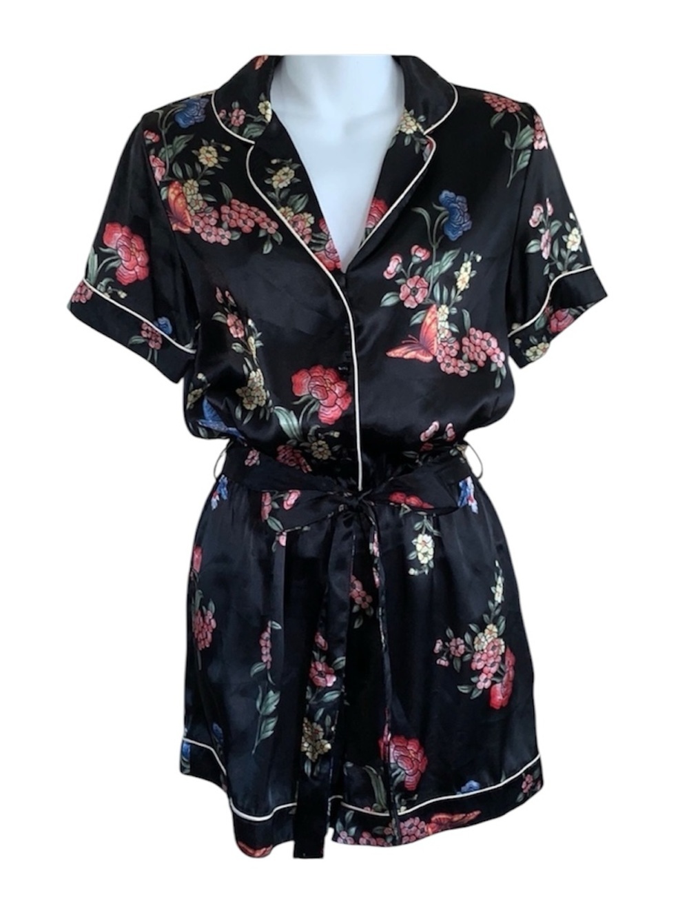 HARPER & HARLOW Romper Women's S  black satin, flowers, bluebirds, belt. EUC